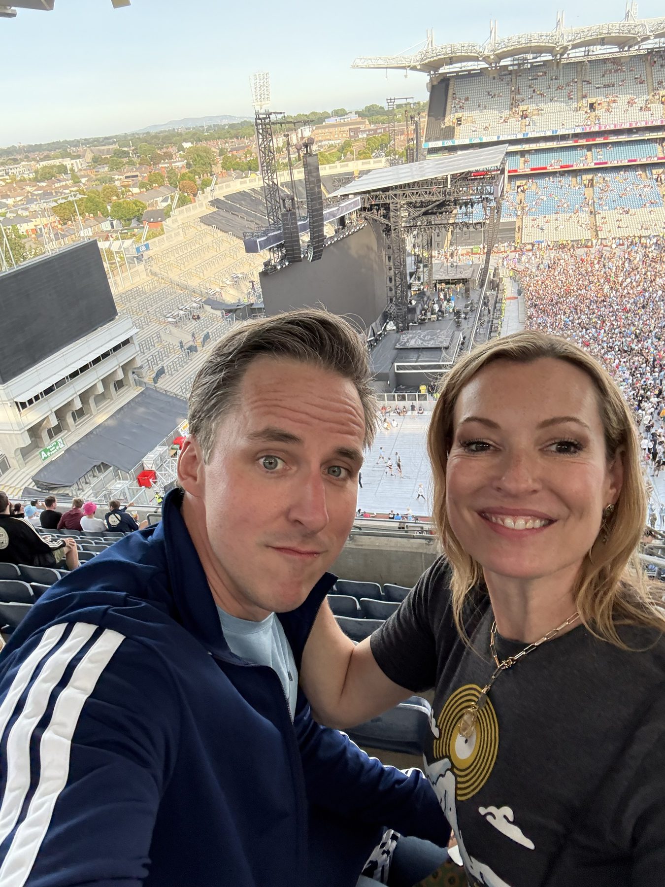 Kimberly and Ian taking a selfie in the stands of Croke Park in Dublin before a concert